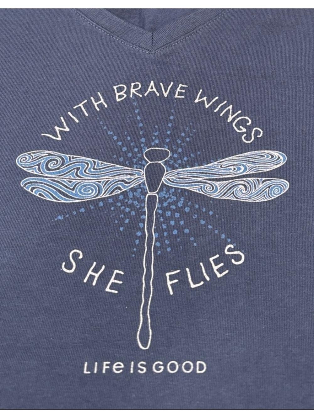 Life Is Good Navy V-Neck Tee "With Brave Wings She Flies" and a Dragonfly